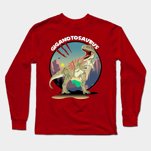 Giganotosaurus Dinosaur Design With Background Long Sleeve T-Shirt by Terra Fossil Merch
